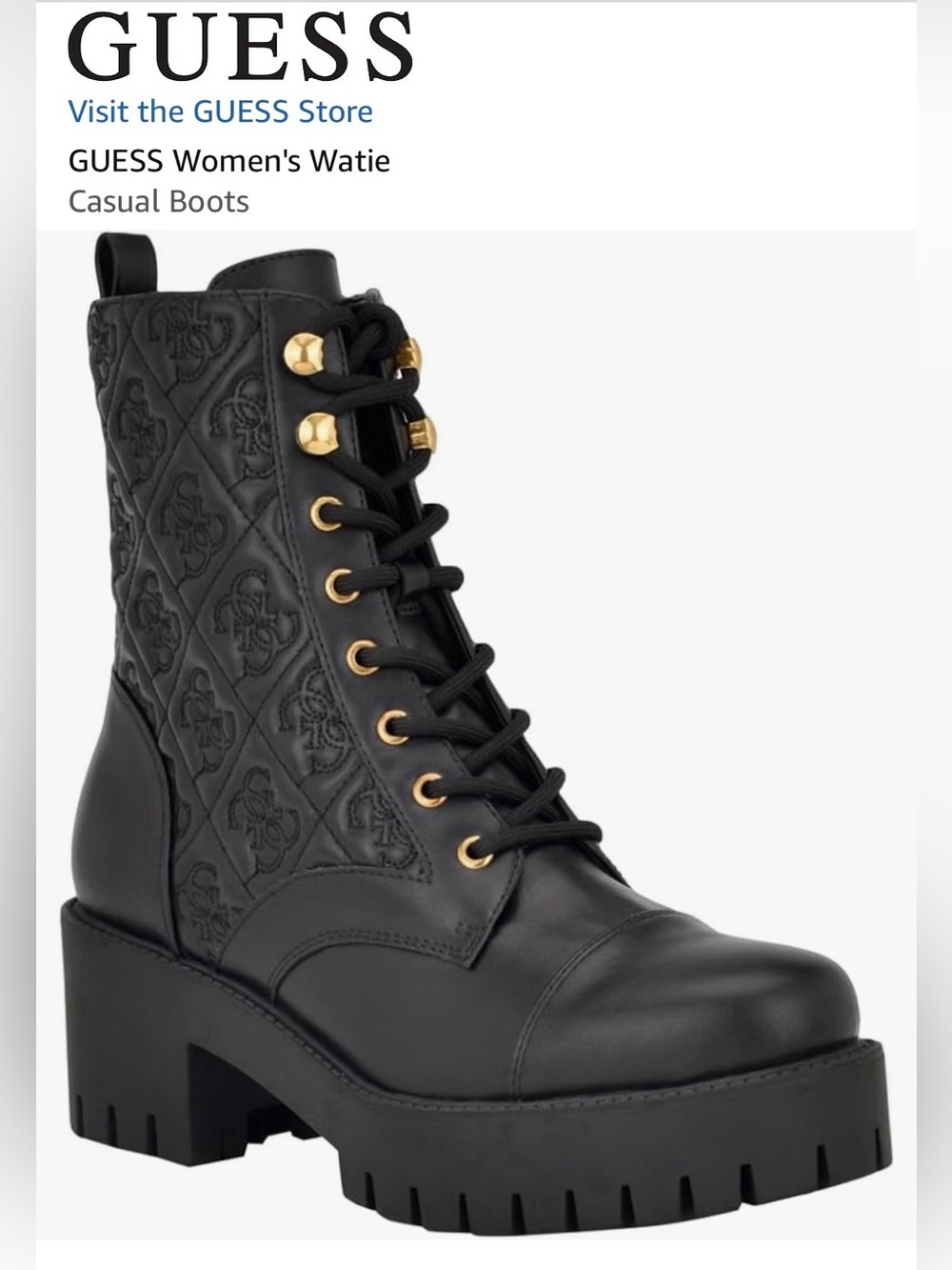GUESS Black Quilted Lace-Up Platform Boot with Gold Hardware